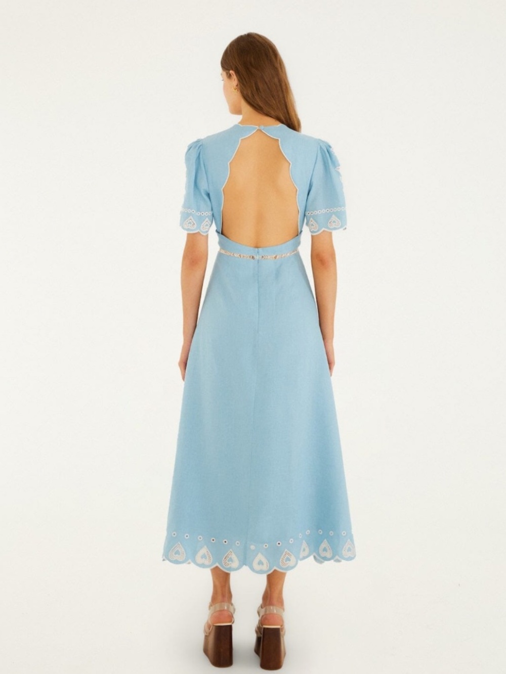 Embroidered Euroflax Premium Linene Midi Dress ~ Light Blue - Picture 3 of 5